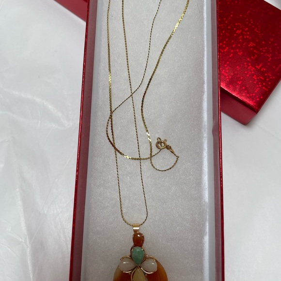 14k 585 GOLD ITALY MULTICOLOR JADE ONYX DISC FLOWER PENDANT NECKLACE 21 3/4CHAIN - Picture 2 of 15